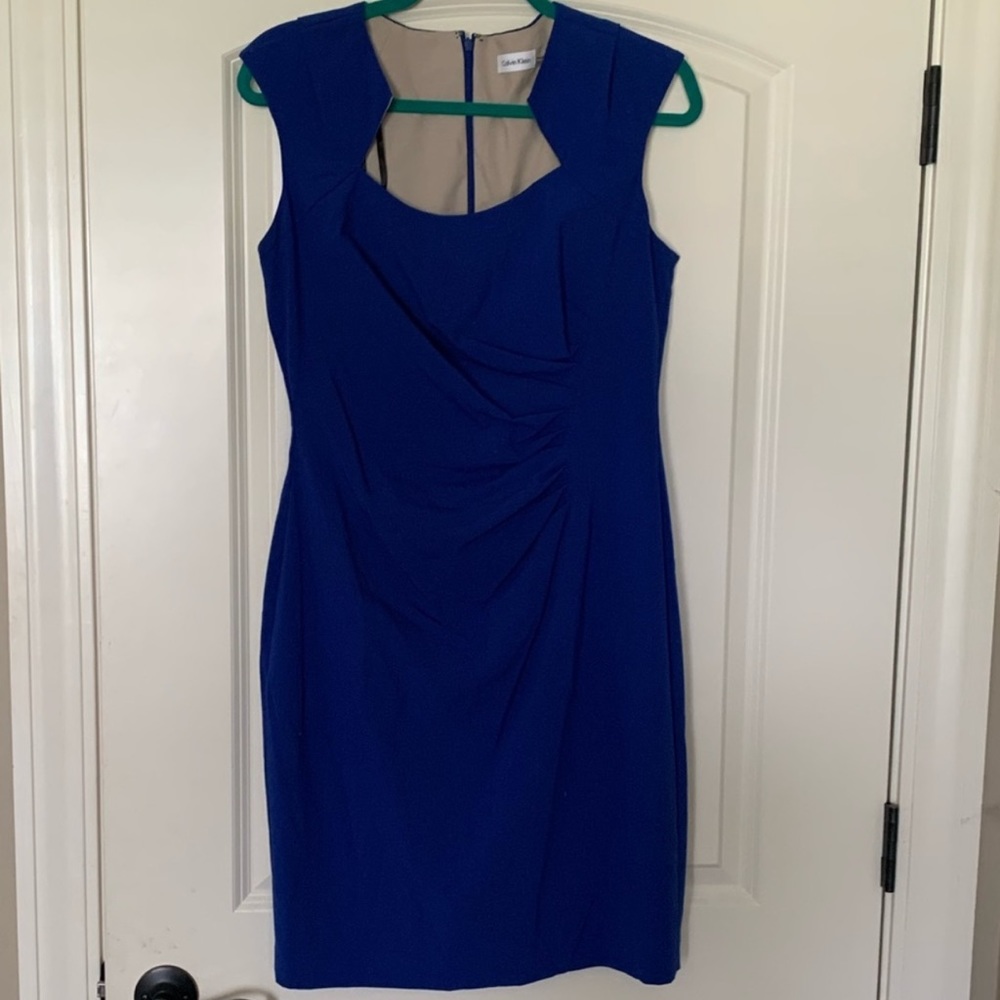Calvin Klein Blue Horseshoe Neck Sheath Cocktail Dress